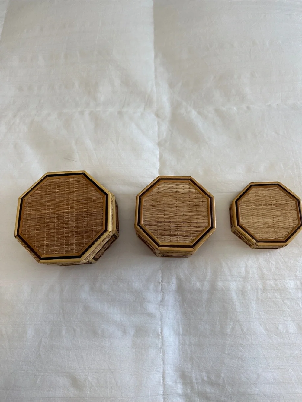 Set of Octagonal Wood Nesting Boxes with Dark Felt Inset